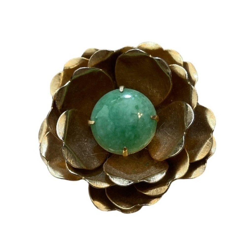 Vintage Gold Flower Brooch with Jade Stone - Picture 2 of 4